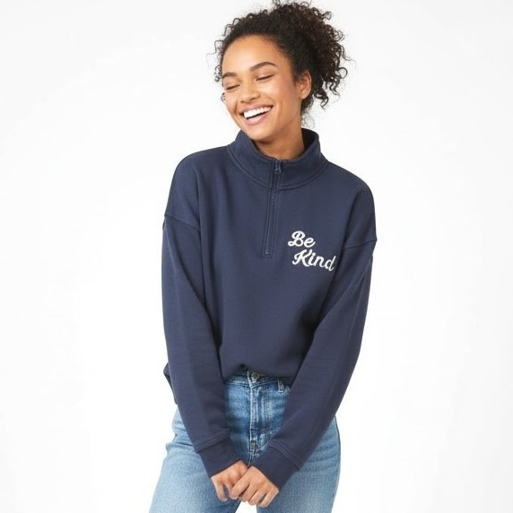 Grayson Threads Pullover Sweatshirt S Blue 1/2 Zip Casual Be‎ Kind Cozy Ribbed